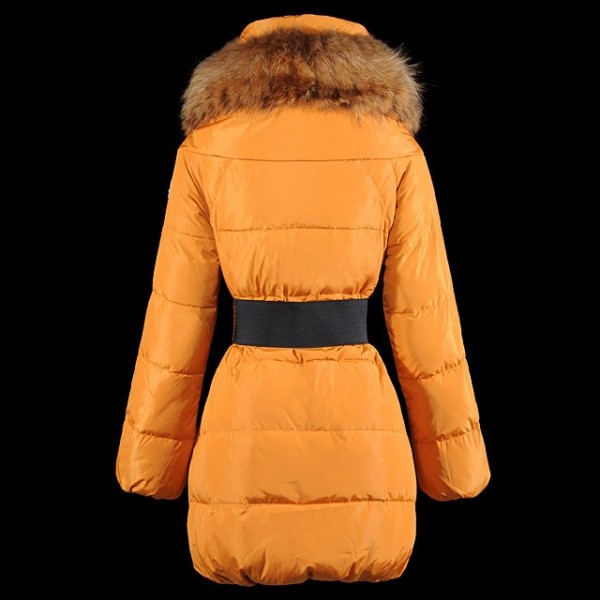 Moncler Arancione Lungo Donna cappotti con cintura e collo di pelliccia